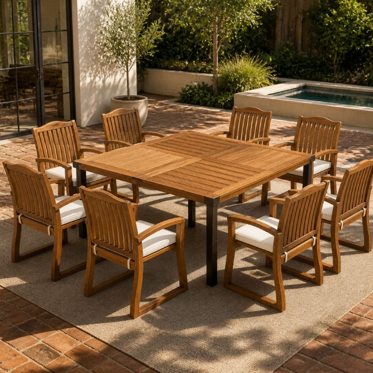 English Elm 9‑Piece Acacia Wood Outdoor Dining Set Seats Eight with Slatted Chairs and Cushions 66105_57217.00ACA4