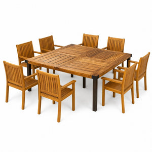 English Elm 9‑Piece Acacia Hardwood Outdoor Dining Set Slatted Square Table with Eight Armchairs 66105_61717.00TEA4