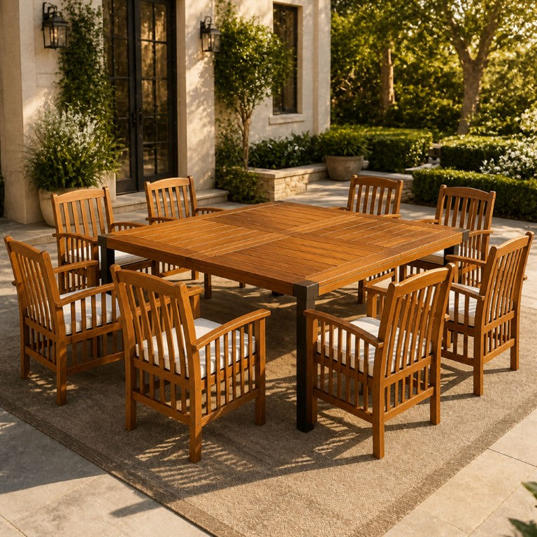 English Elm 9‑Piece Acacia Hardwood Outdoor Dining Set Square Table Eight Slatted Chairs Teak Finish 66105_617204