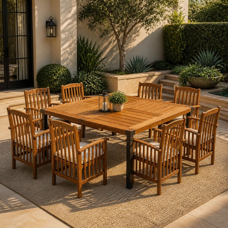 English Elm 9‑Piece Acacia Hardwood Outdoor Dining Set Square Table Eight Slatted Chairs Teak Finish 66105_617204