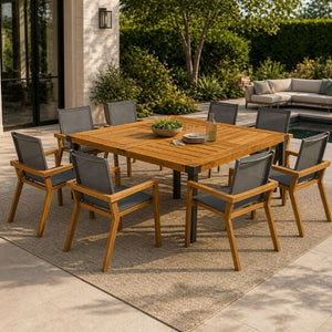 English Elm 9‑Piece Acacia Wood Outdoor Dining Set Seats Eight with Teak Slatted Table Sling Chairs 66105_632564