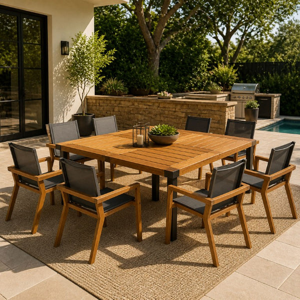 English Elm 9‑Piece Acacia Wood Outdoor Dining Set Seats Eight with Teak Slatted Table Sling Chairs 66105_632564