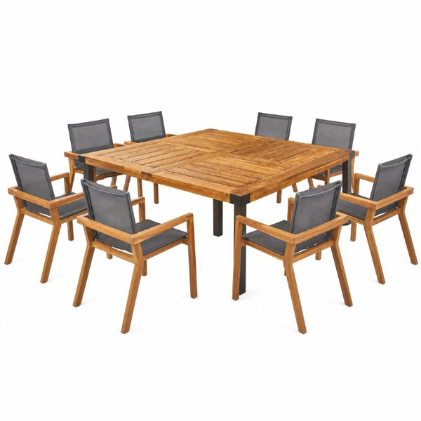 English Elm 9‑Piece Acacia Wood Outdoor Dining Set Seats Eight with Teak Slatted Table Sling Chairs 66105_632564