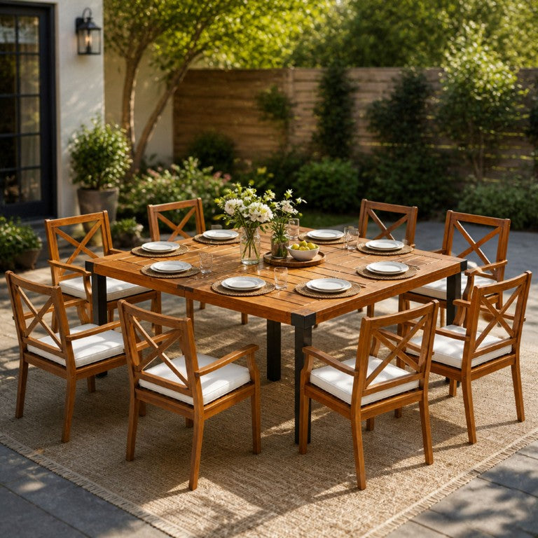 English Elm 9‑Piece Acacia Wood Outdoor Dining Set Seats Eight with X-Back Chairs and Teak Finish 66105_N762P251938A4