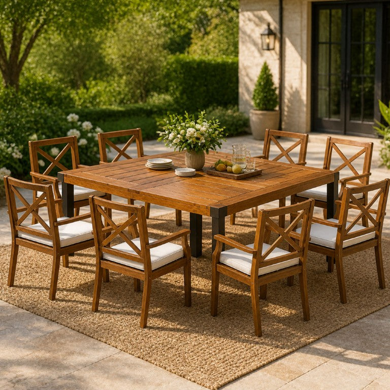 English Elm 9‑Piece Acacia Wood Outdoor Dining Set Seats Eight with X-Back Chairs and Teak Finish 66105_N762P251938A4