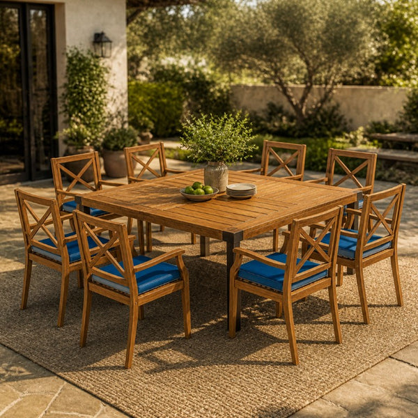 English Elm 9‑Piece Acacia Wood Outdoor Dining Set Seats Eight with X-Back Armchairs Teak Finish 66105_N762P251938C4