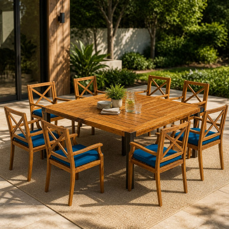 English Elm 9‑Piece Acacia Wood Outdoor Dining Set Seats Eight with X-Back Armchairs Teak Finish 66105_N762P251938C4