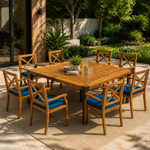 English Elm 9‑Piece Acacia Wood Outdoor Dining Set Seats Eight with X-Back Armchairs Teak Finish 66105_N762P251938C4