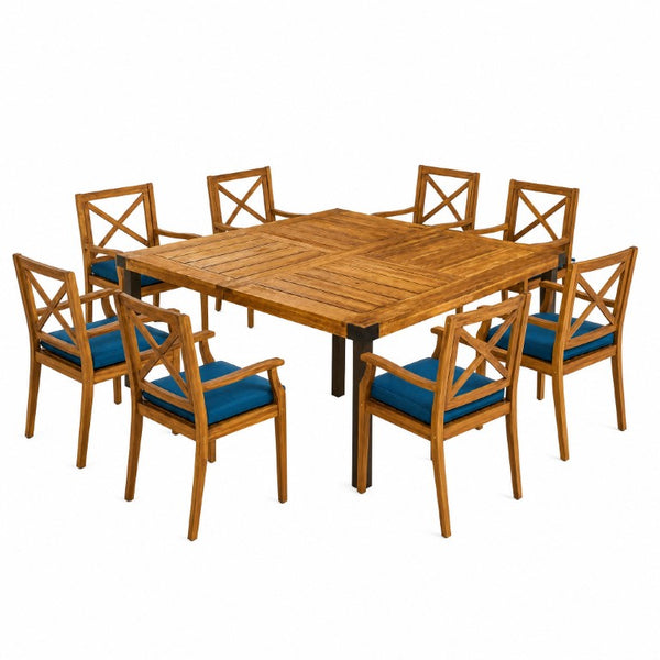 English Elm 9‑Piece Acacia Wood Outdoor Dining Set Seats Eight with X-Back Armchairs Teak Finish 66105_N762P251938C4