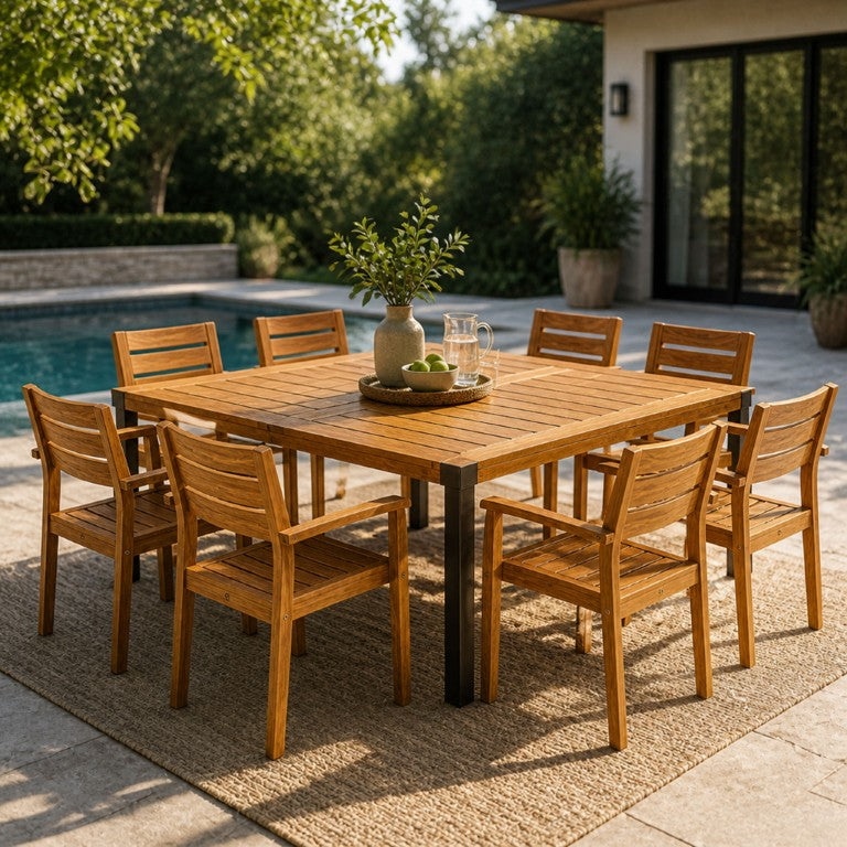 English Elm 9‑Piece Acacia Wood Outdoor Dining Set Slatted Square Table and Eight Armchairs 66105_N762P251941A4