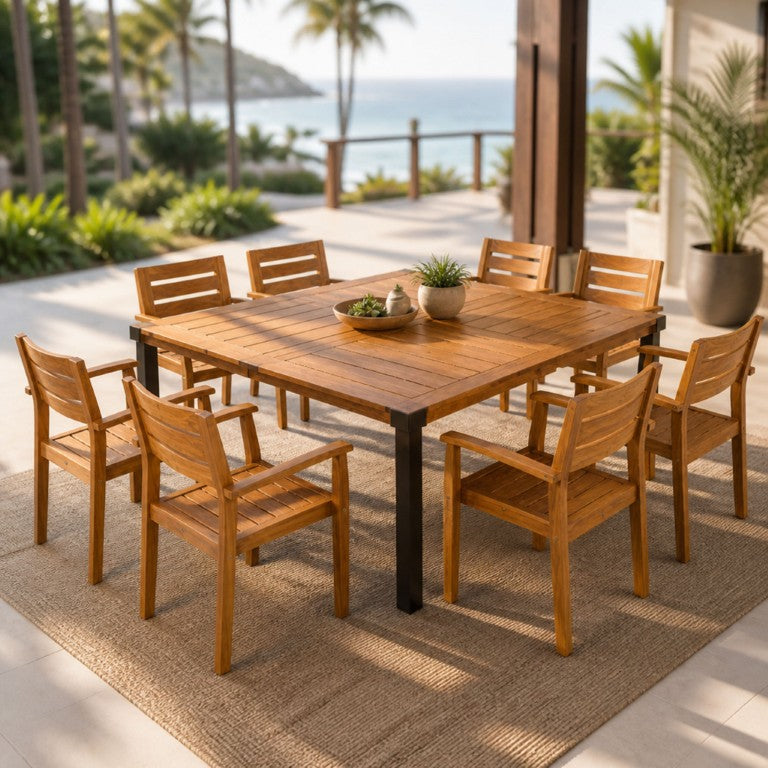 English Elm 9‑Piece Acacia Wood Outdoor Dining Set Slatted Square Table and Eight Armchairs 66105_N762P251941A4