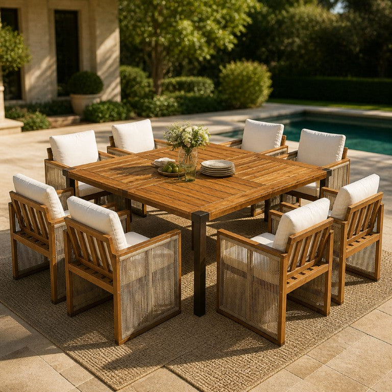English Elm 9‑Piece Acacia Hardwood Patio Dining Set with Rope Woven Chairs and Teak Finish Table 66105_N762P371719A4