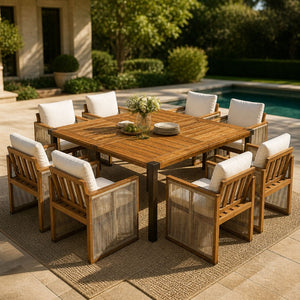 English Elm 9‑Piece Acacia Hardwood Patio Dining Set with Rope Woven Chairs and Teak Finish Table 66105_N762P371719A4