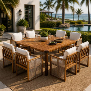 English Elm 9‑Piece Acacia Hardwood Patio Dining Set with Rope Woven Chairs and Teak Finish Table 66105_N762P371719A4