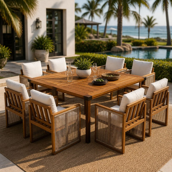 English Elm 9‑Piece Acacia Hardwood Patio Dining Set with Rope Woven Chairs and Teak Finish Table 66105_N762P371719A4