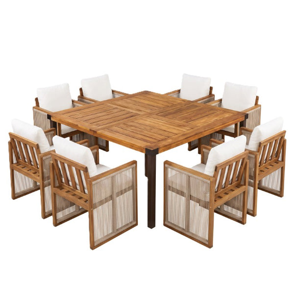 English Elm 9‑Piece Acacia Hardwood Patio Dining Set with Rope Woven Chairs and Teak Finish Table 66105_N762P371719A4