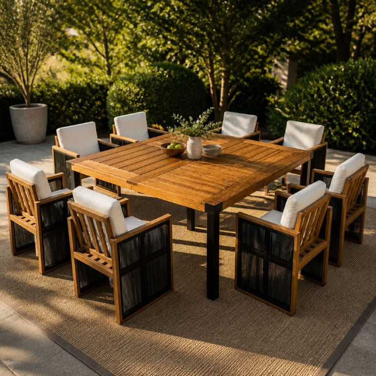English Elm 9‑Piece Acacia Wood Outdoor Dining Set Woven Rope Chairs Teak Finish Square Table 66105_N762P371719B4
