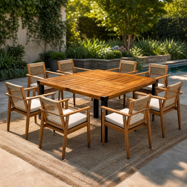 English Elm 9‑Piece Acacia Wood Outdoor Dining Set Seats Eight with Rope Woven Chairs on Patio 66105_N762P386379D4