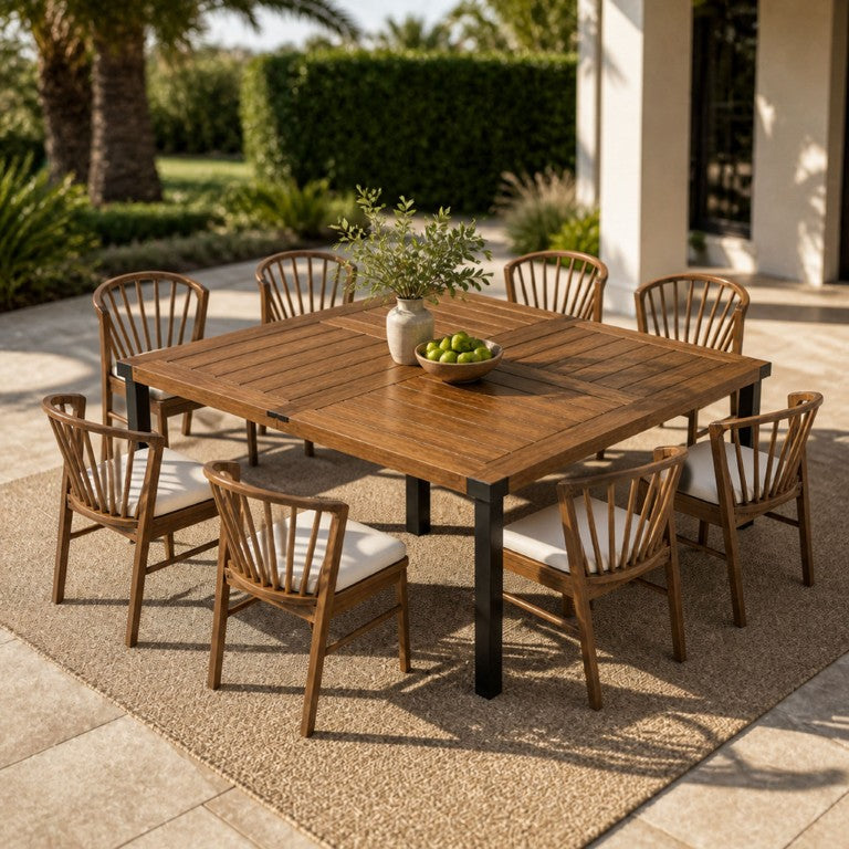 English Elm 9‑Piece Acacia Wood Outdoor Dining Set Teak Finish Square Table Eight Windsor Chairs 66105_N762P389932A4