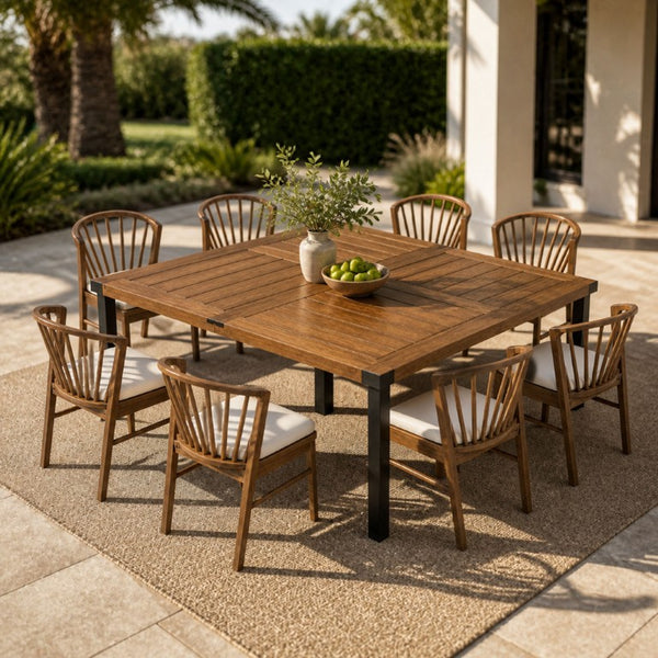 English Elm 9‑Piece Acacia Wood Outdoor Dining Set Teak Finish Square Table Eight Windsor Chairs 66105_N762P389932A4