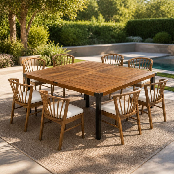 English Elm 9‑Piece Acacia Wood Outdoor Dining Set Teak Finish Square Table Eight Windsor Chairs 66105_N762P389932A4