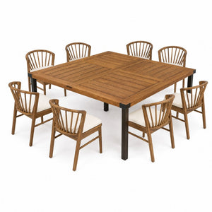 English Elm 9‑Piece Acacia Wood Outdoor Dining Set Teak Finish Square Table Eight Windsor Chairs 66105_N762P389932A4