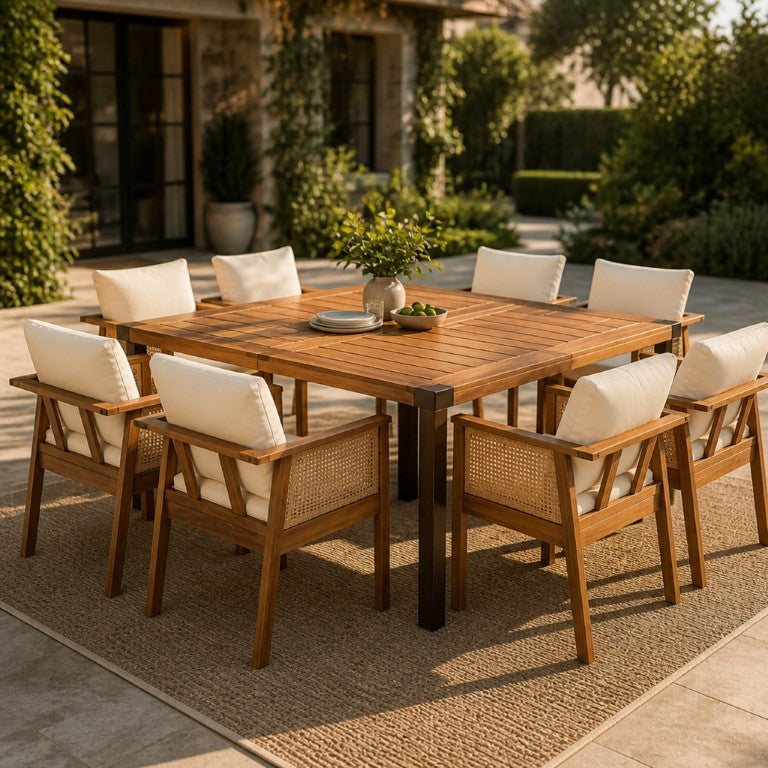 English Elm 9‑Piece Acacia Wood Outdoor Dining Set with Wicker Arm Chairs and Cream Cushions 66105_N762P403831T4