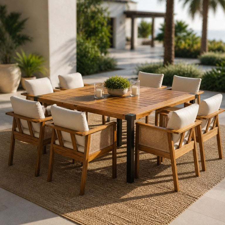 English Elm 9‑Piece Acacia Wood Outdoor Dining Set with Wicker Arm Chairs and Cream Cushions 66105_N762P403831T4