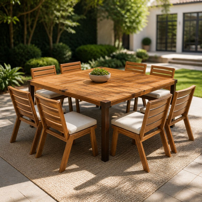 English Elm 9‑Piece Acacia Wood Outdoor Dining Set Square Teak Table Eight Slatted Armless Chairs 66105_N762P455540D4