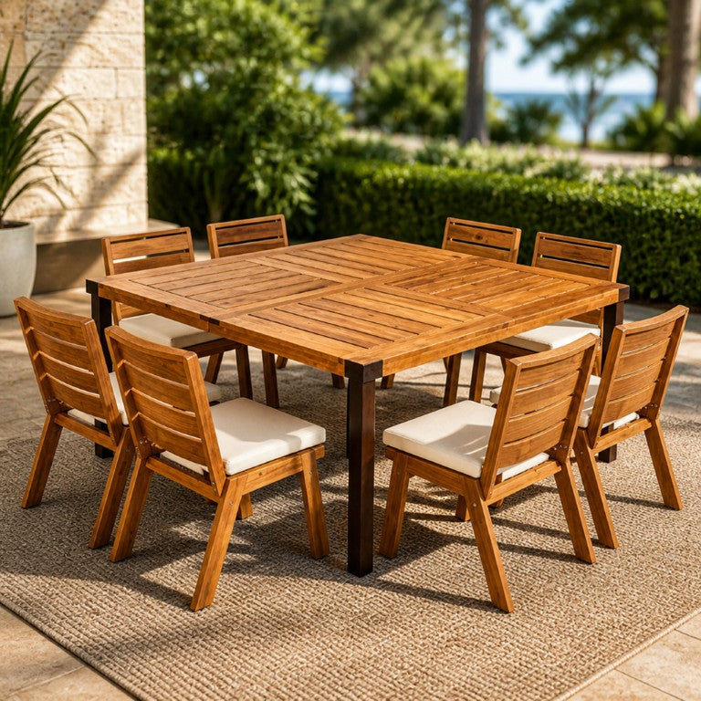 English Elm 9‑Piece Acacia Wood Outdoor Dining Set Square Teak Table Eight Slatted Armless Chairs 66105_N762P455540D4