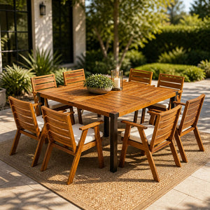 English Elm 9‑Piece Acacia Wood Outdoor Dining Set Seats Eight with Teak Finish and Cushioned Armchairs 66105_N762P455581D4