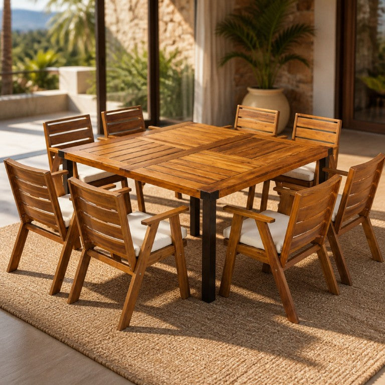 English Elm 9‑Piece Acacia Wood Outdoor Dining Set Seats Eight with Teak Finish and Cushioned Armchairs 66105_N762P455581D4