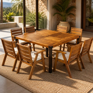 English Elm 9‑Piece Acacia Wood Outdoor Dining Set Seats Eight with Teak Finish and Cushioned Armchairs 66105_N762P455581D4