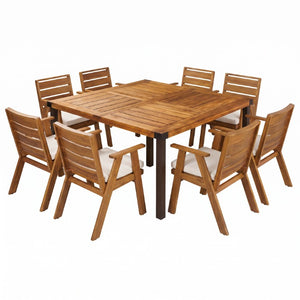 English Elm 9‑Piece Acacia Wood Outdoor Dining Set Seats Eight with Teak Finish and Cushioned Armchairs 66105_N762P455581D4
