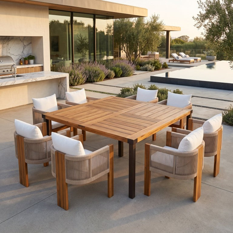 English Elm 9‑Piece Acacia Wood Outdoor Dining Set Teak Finish Square Table Rope Woven Arm Chairs 66105_N762P506194D4