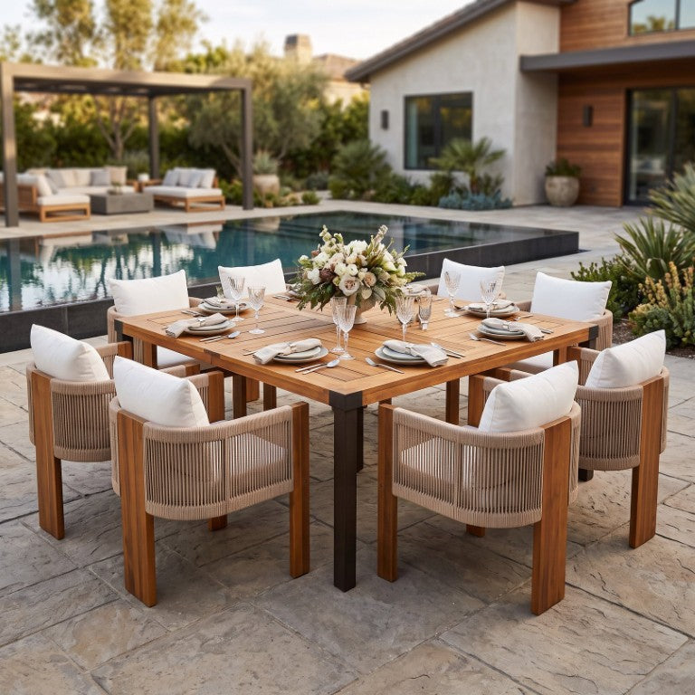 English Elm 9‑Piece Acacia Wood Outdoor Dining Set Teak Finish Square Table Rope Woven Arm Chairs 66105_N762P506194D4