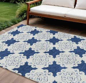 HomeRoots 9' X 12' Navy Blue & Ivory Quatrefoil Area Rug - Durable, Washable, Indoor/Outdoor Style for Any Space 661061