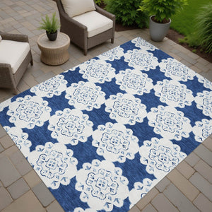 HomeRoots 9' X 12' Navy Blue & Ivory Quatrefoil Area Rug - Durable, Washable, Indoor/Outdoor Style for Any Space 661061