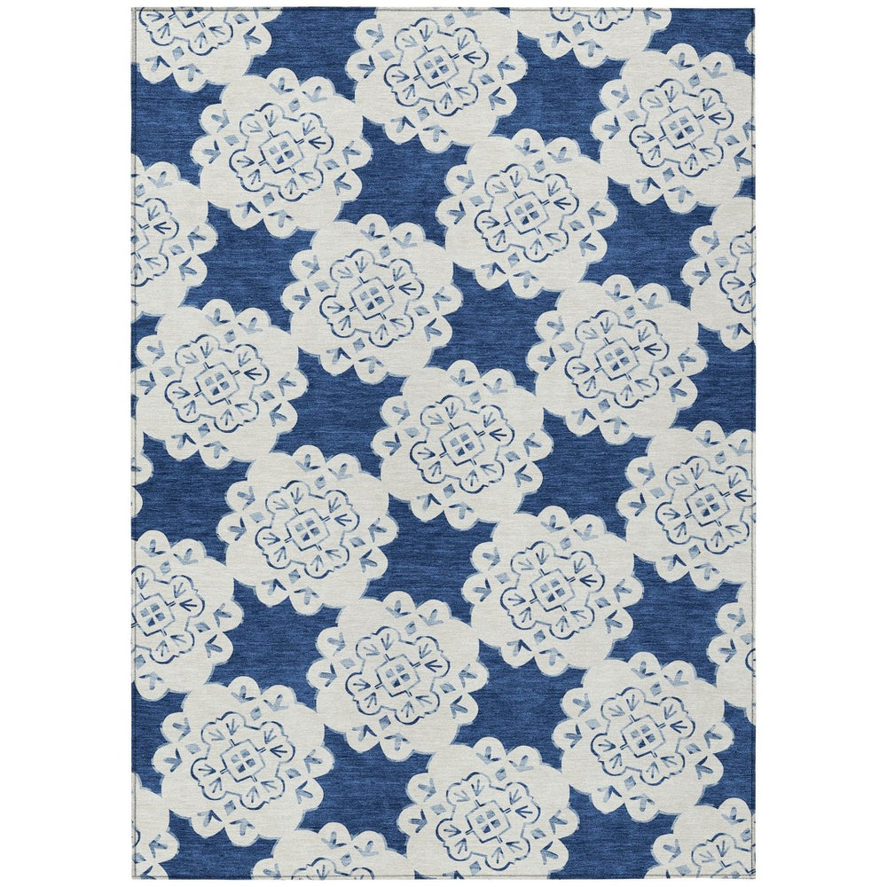 HomeRoots 9' X 12' Navy Blue & Ivory Quatrefoil Area Rug - Durable, Washable, Indoor/Outdoor Style for Any Space 661061