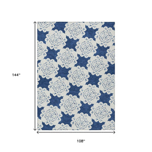 HomeRoots 9' X 12' Navy Blue & Ivory Quatrefoil Area Rug - Durable, Washable, Indoor/Outdoor Style for Any Space 661061