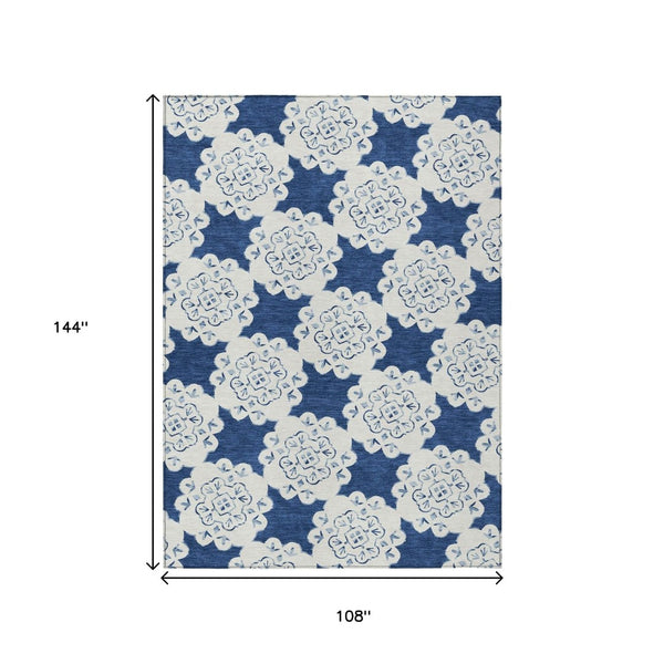 HomeRoots 9' X 12' Navy Blue & Ivory Quatrefoil Area Rug - Durable, Washable, Indoor/Outdoor Style for Any Space 661061