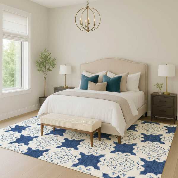 HomeRoots 9' X 12' Navy Blue & Ivory Quatrefoil Area Rug - Durable, Washable, Indoor/Outdoor Style for Any Space 661061