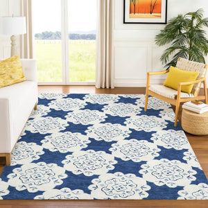 HomeRoots 9' X 12' Navy Blue & Ivory Quatrefoil Area Rug - Durable, Washable, Indoor/Outdoor Style for Any Space 661061