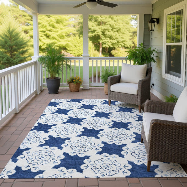 HomeRoots 10' X 14' Navy Blue Quatrefoil Washable Area Rug - Stylish, Durable Design for Indoor & Outdoor Spaces 661062