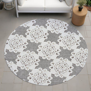 HomeRoots 8' Taupe and Ivory Quatrefoil Area Rug – Durable, Washable Design for Indoor and Outdoor Elegance 661065