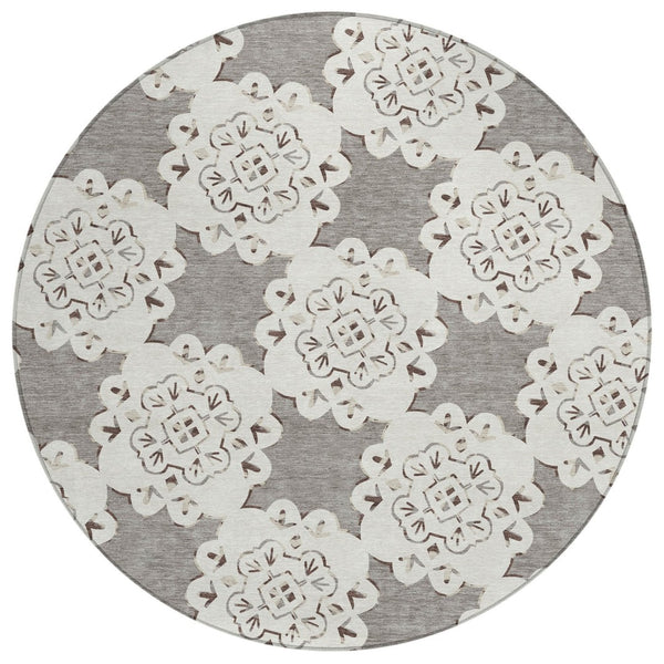 HomeRoots 8' Taupe and Ivory Quatrefoil Area Rug – Durable, Washable Design for Indoor and Outdoor Elegance 661065