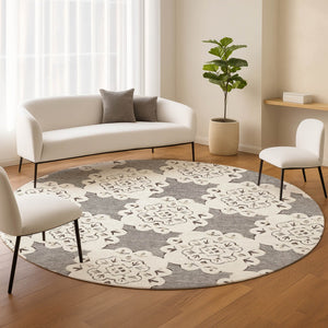 HomeRoots 8' Taupe and Ivory Quatrefoil Area Rug – Durable, Washable Design for Indoor and Outdoor Elegance 661065