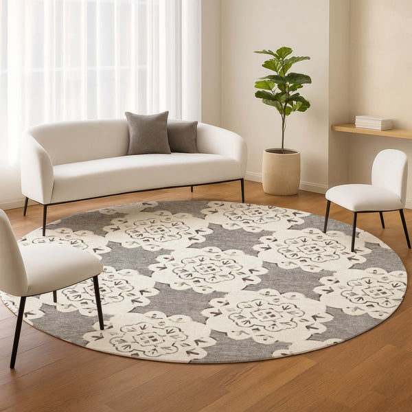 HomeRoots 8' Taupe and Ivory Quatrefoil Area Rug – Durable, Washable Design for Indoor and Outdoor Elegance 661065