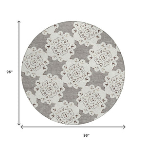 HomeRoots 8' Taupe and Ivory Quatrefoil Area Rug – Durable, Washable Design for Indoor and Outdoor Elegance 661065