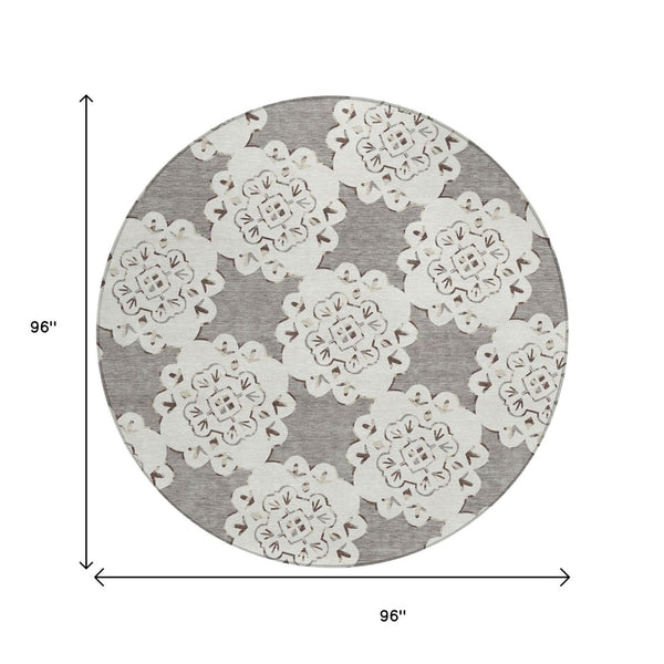 HomeRoots 8' Taupe and Ivory Quatrefoil Area Rug – Durable, Washable Design for Indoor and Outdoor Elegance 661065